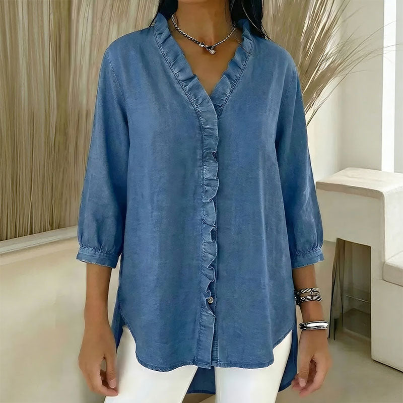 【S-3XL】Ženska ležerna traper košulja s V-izrezom i volanima