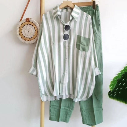 🌸【S-5XL】Nueva conjunto de primavera a rayas, conjunto de dos piezas con mangas largas y pantalones.