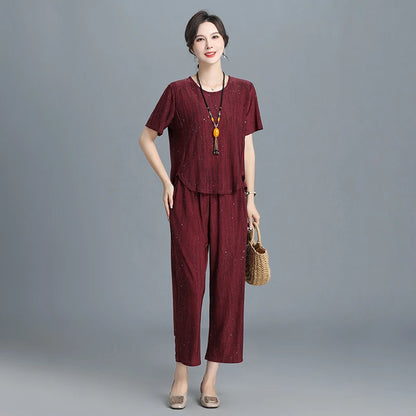 👚👖【XL-5XL】【Krótkie rękawy + spodnie】Damski casualowy garnitur diamentowy w dużych rozmiarach