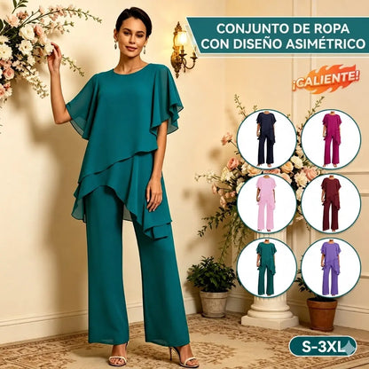 【S-3XL】 Elegancki zestaw szyfonowy: asymetryczna bluzka z falbanami i szerokie spodenki, szykowny strój na spotkania（40-100kg）