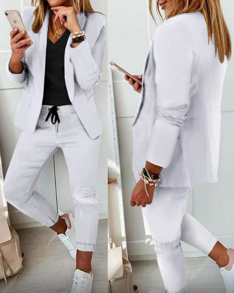 🔥Ostatni dzień 【Rabat 50%】👚👖【S–3XL】Komplet damski: płaszcz i spodnie, dopasowany krój, miękki materiał