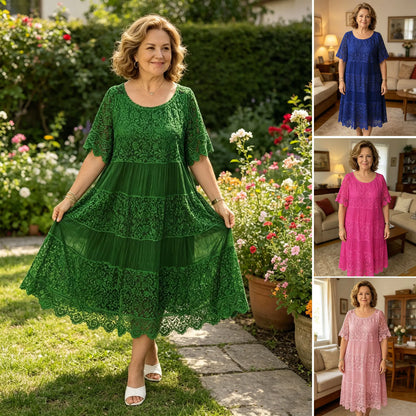 🔥【50% ZĽAVA】✨✨✨【S-5XL】2026Nové šaty s krátkym rukávom, okrúhlym výstrihom a čipkou.