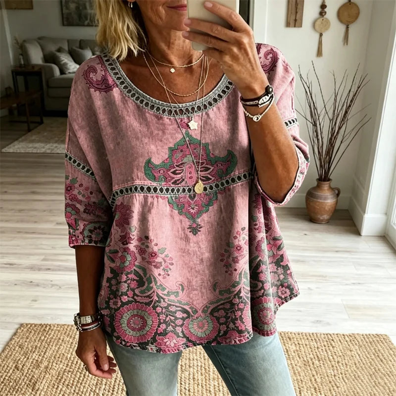 💖【S-5XL】 Exquisita blusa de manga corta con estampado de encaje calado y un estilo bohemio fluido.