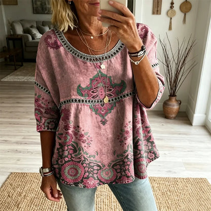 💖【S-5XL】 Exquisita blusa de manga corta con estampado de encaje calado y un estilo bohemio fluido.