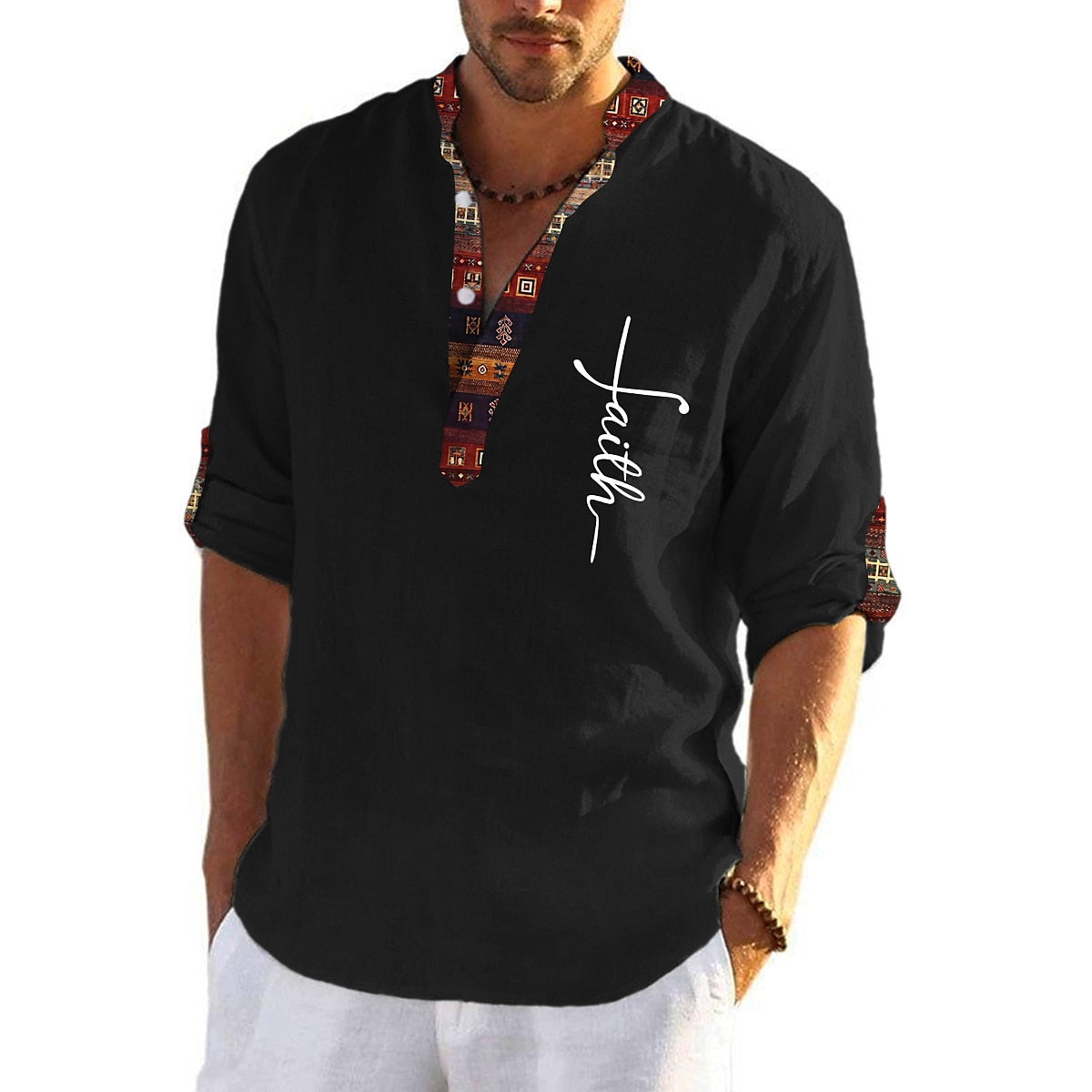 🔥Hit Sprzedaży 【Rabat 50%】💖Męska lniana, bawełniana koszula z nadrukiem i dekoltem w kształcie litery V