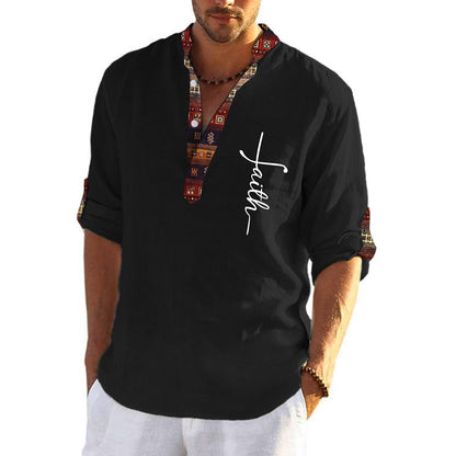 🔥Hit Sprzedaży 【Rabat 50%】💖Męska lniana, bawełniana koszula z nadrukiem i dekoltem w kształcie litery V
