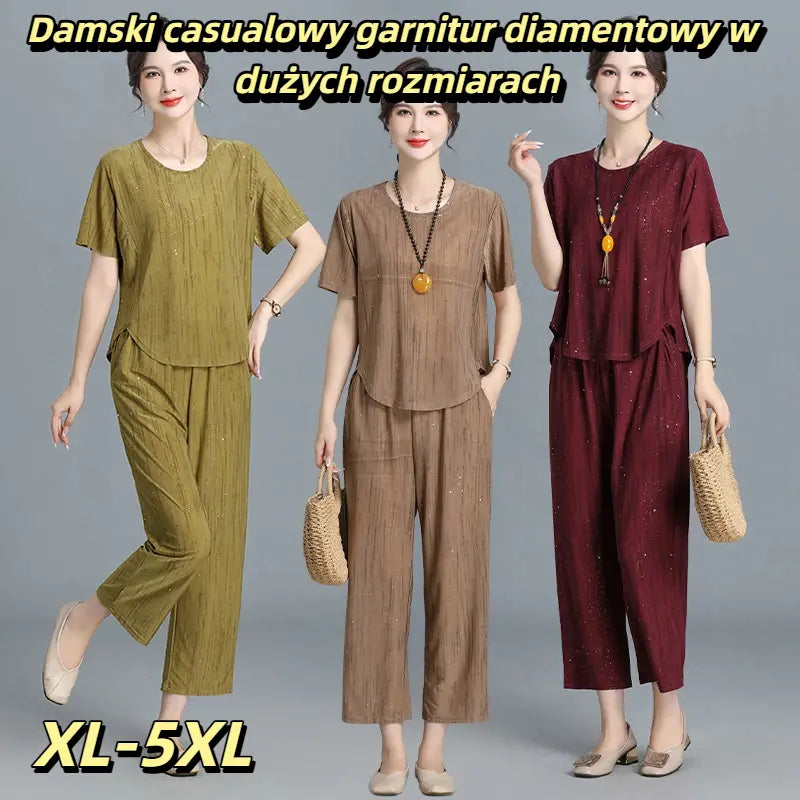 👚👖【XL-5XL】【Krótkie rękawy + spodnie】Damski casualowy garnitur diamentowy w dużych rozmiarach