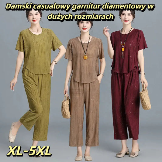 👚👖【XL-5XL】【Krótkie rękawy + spodnie】Damski casualowy garnitur diamentowy w dużych rozmiarach