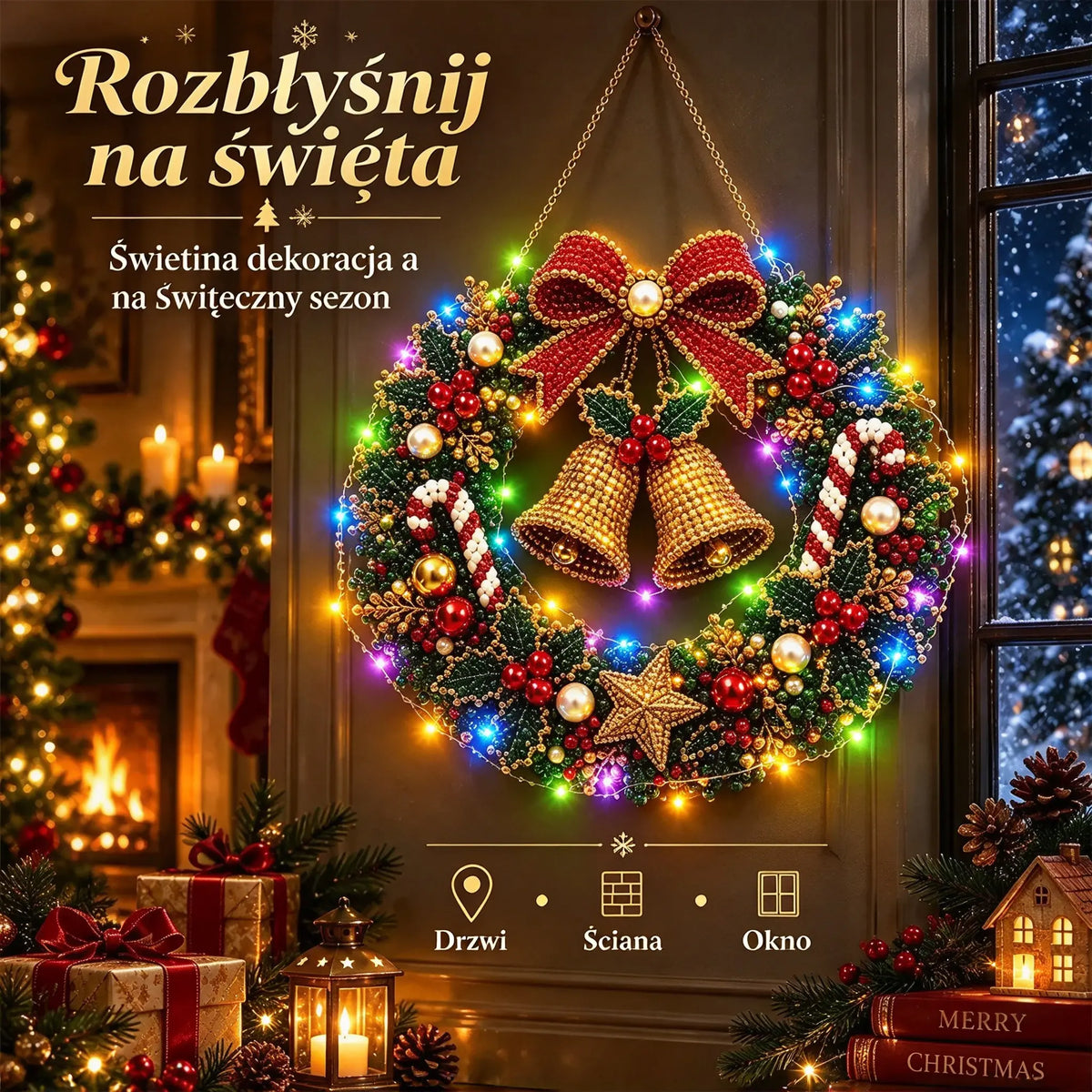 🎄 Świąteczna korona DIY z diamentami, perłami i światłami LED! Wytrzymała płyta akrylowa・9 świątecznych wzorów・Idealna dekoracja drzwi, ścian i okien
