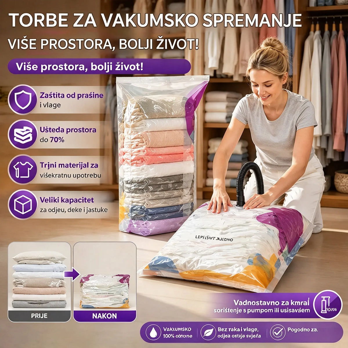 ⏳ Vremenski ograničena ponuda 🔥【Set od 4 kom】 Vakuumske kompresijske vrećice bez pumpe, vrećice za pohranu otporne na prašinu