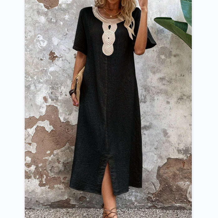 [S-3XL] Rochie nouă de vară, brodata, cu gât rotund, din bumbac și in, la modă și elegantă, confortabilă și respirabilă