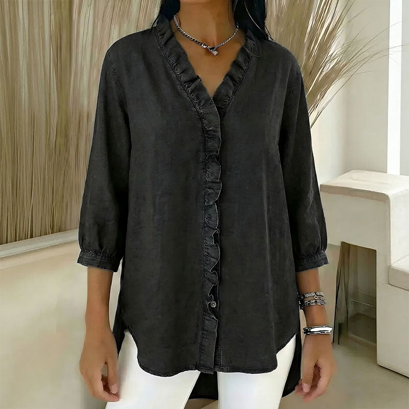 【S-3XL】Ženska ležerna traper košulja s V-izrezom i volanima