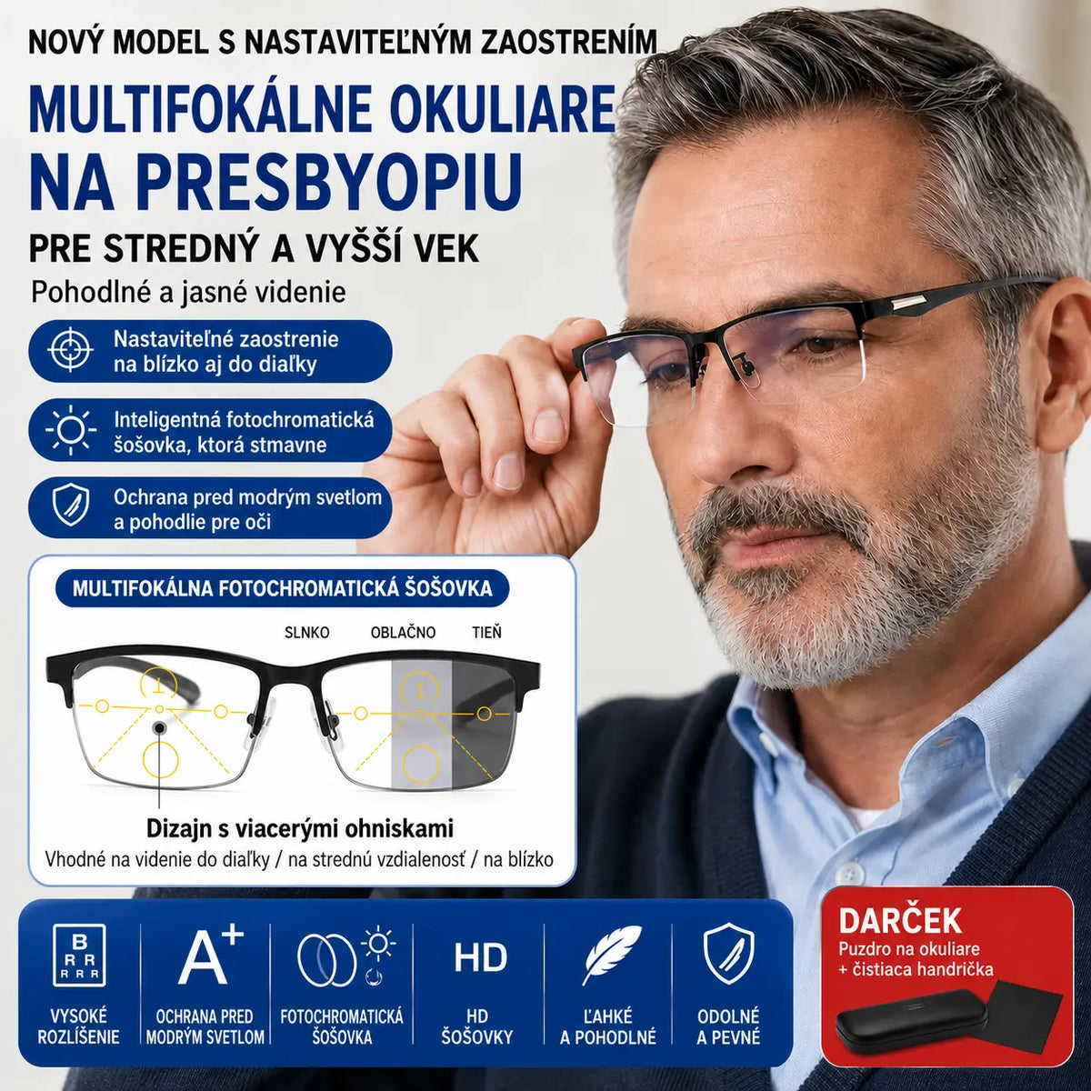 Nové polobezrámové okuliare na čítanie pre ľudí stredného a staršieho veku s funkciou zoomu, multifokálnej, fotosenzitívnej, fotochromatickej funkcie a funkcie blokovania modrého svetla.