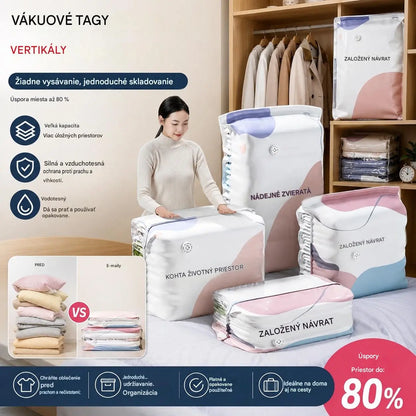 【5-dielna sada】 Veľkokapacitné stlačiteľné vákuové úložné vrecká: Nepotrebujú pumpičku, sú nepriepustné, ideálne na úsporu miesta v kufri a doma