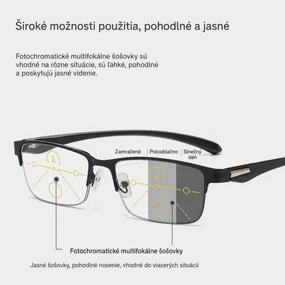 Nové polobezrámové okuliare na čítanie pre ľudí stredného a staršieho veku s funkciou zoomu, multifokálnej, fotosenzitívnej, fotochromatickej funkcie a funkcie blokovania modrého svetla.