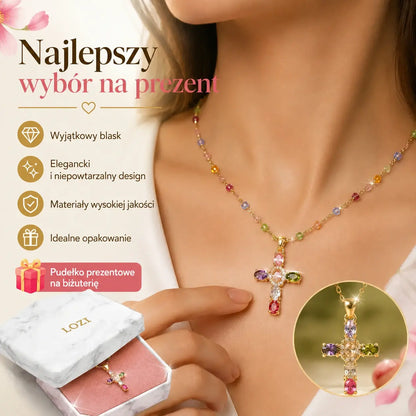 🔥【Rabat 50%】✨Naszyjnik z kolorowymi cyrkoniami w kształcie krzyża, w zestawie elegancka szkatułka na biżuterię