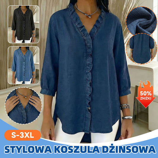 【S-3XL】Ženska ležerna traper košulja s V-izrezom i volanima