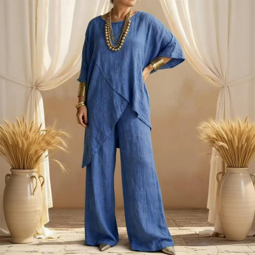 ❤️ 50% zniżki 💥 Nowa wiosenna bluzka z bawełny i lnu z krótkim rękawem i okrągłym dekoltem + proste spodnie casual ✅️ Płatność przy odbiorze