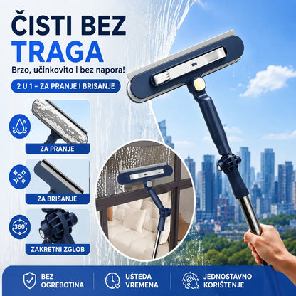 Dvostrani 2-u-1 čistač prozora s produljivom ručkom za čišćenje prozora na visokim zgradama.