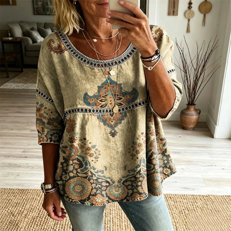 💖【S-5XL】 Exquisita blusa de manga corta con estampado de encaje calado y un estilo bohemio fluido.