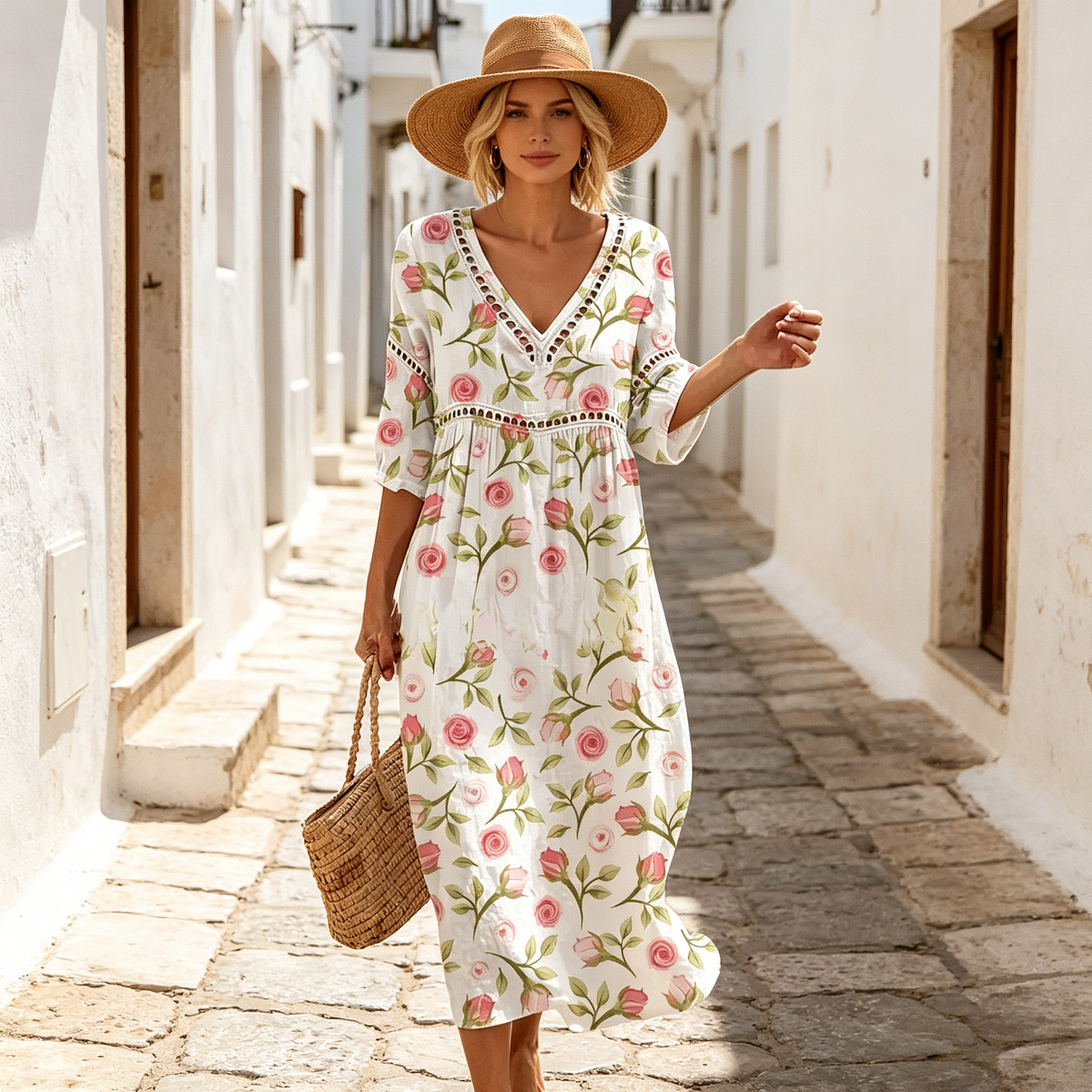 👗【S-3XL】Vestido largo de algodón y lino con estampado floral, estilo veraniego, escote en V