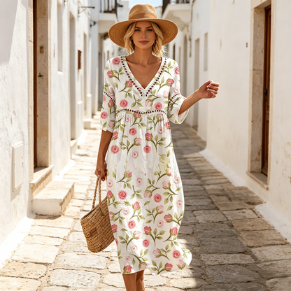 👗【S-3XL】Vestido largo de algodón y lino con estampado floral, estilo veraniego, escote en V
