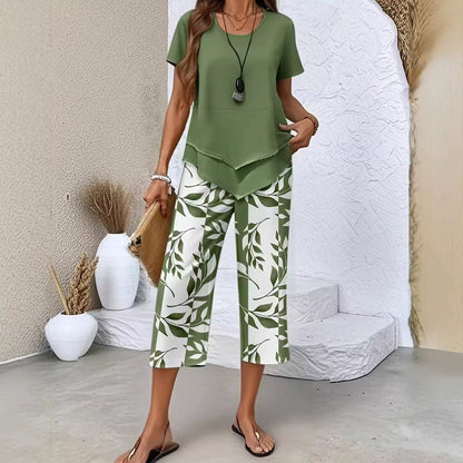👗 SADA 50% POPUSTA 🌿 Ležerni komplet tunike s okruglim izrezom i slojevitih hlača širokih nogavica – Asimetrični rub, print i prozračne hlače ✨