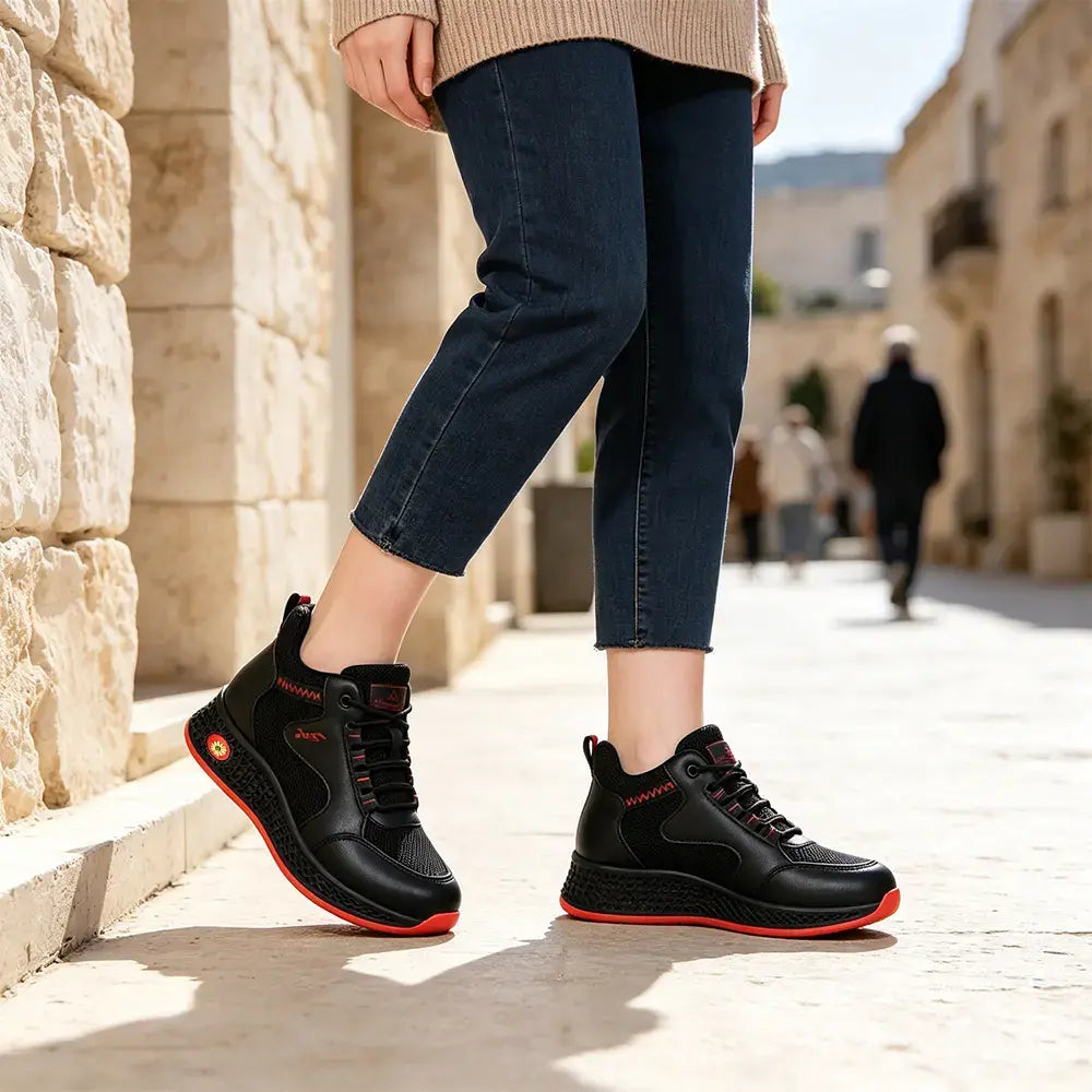 【35-41】👟Damskie czarne, skórzane, płaskie, wsuwane buty robocze – antypoślizgowe, amortyzowane – oddychające, lekkie i wygodne