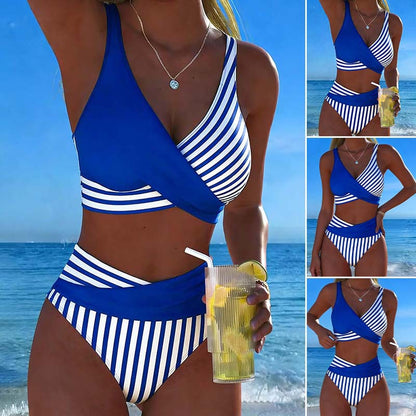 🩱【S-3XL】Bikini de dos piezas con bloques de color y estampado de rayas – Pago contra entrega