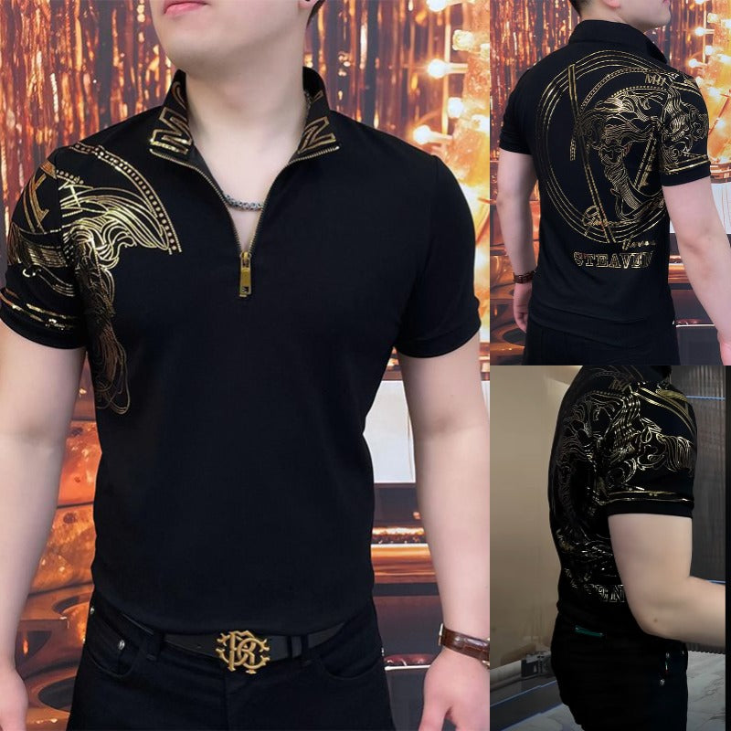 👔【50% de descuento】🔥【Excelente relación calidad-precio】Polo elegante con solapa con muescas y cremallera para hombre: negro clásico con bordado exquisito
