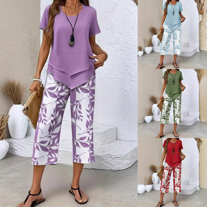 👗 SADA 50% POPUSTA 🌿 Ležerni komplet tunike s okruglim izrezom i slojevitih hlača širokih nogavica – Asimetrični rub, print i prozračne hlače ✨