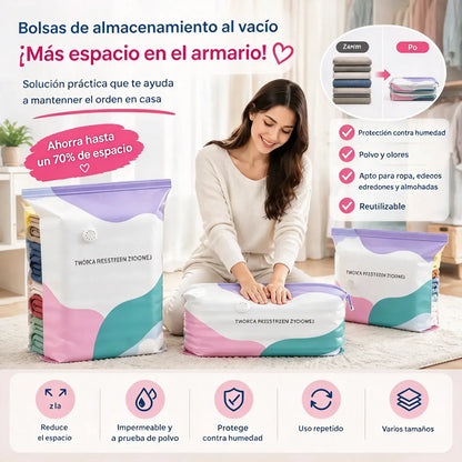 🧳 Pack de 5【Compra 3 y Llévate 2 GRATIS】Bolsas de Almacenaje al Vacío para Ropa, Sin Bomba, Bolsas Cúbicas Grandes para Ahorrar Espacio en Organizar Armarios, Viajes y Mudanzas