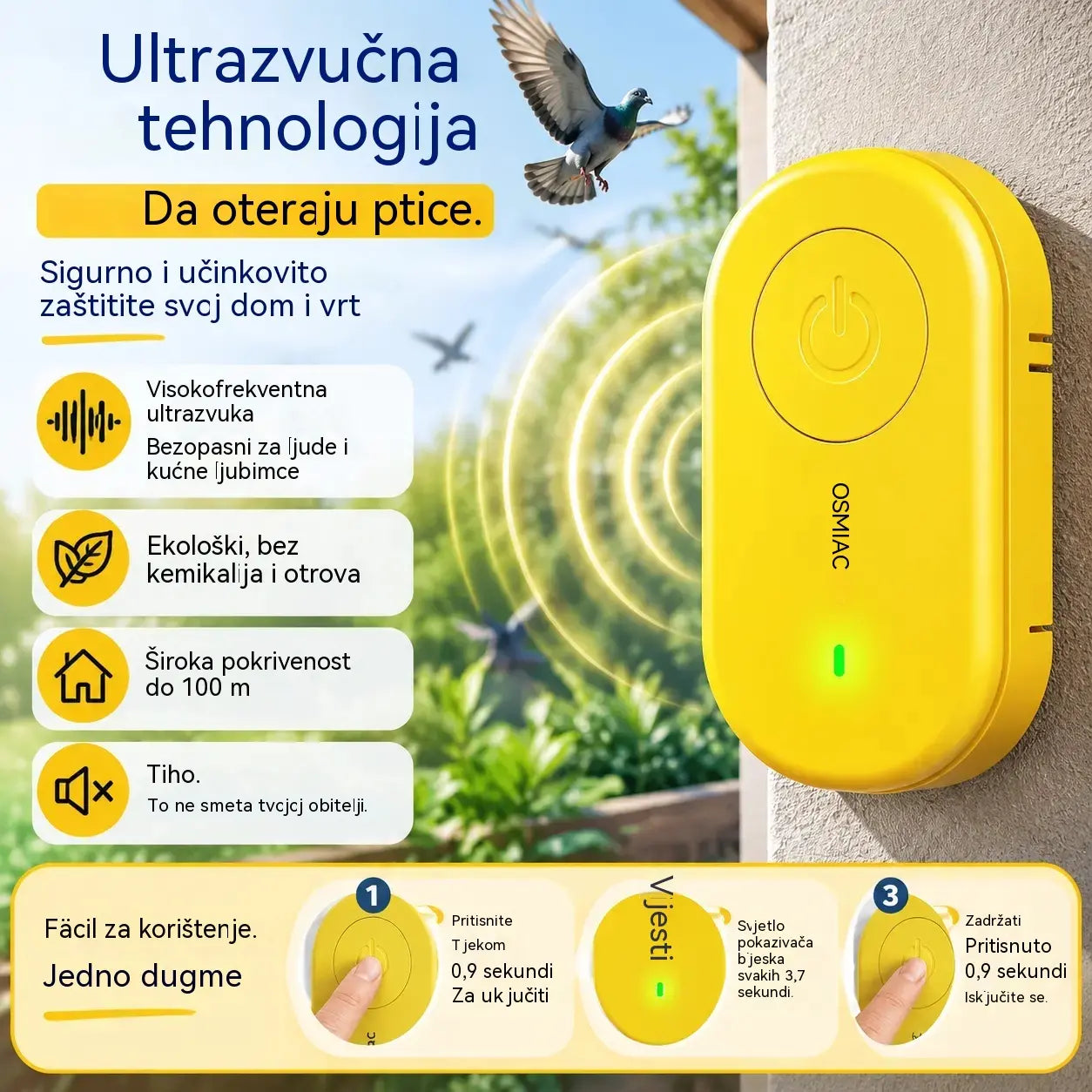 🐦 Prijenosni ultrazvučni repelent za ptice | Automatski repelent za golubove, pogodan za balkone, vrtove i vanjske prostore.