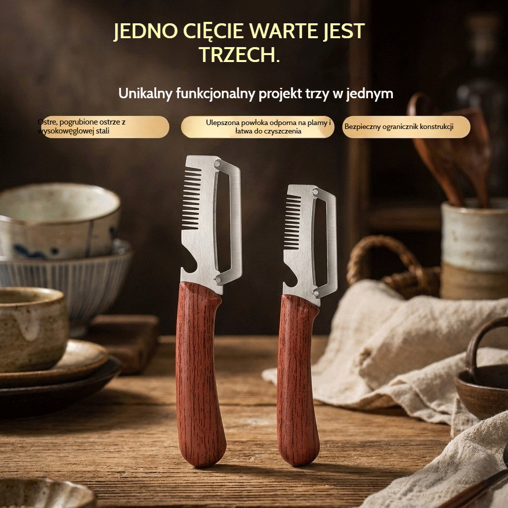 ✅Kup 1, weź 1 za darmo (2 sztuki) 🧅🔪 Wielofunkcyjna obieraczka kuchenna 3 w 1: Obiera, tnie i otwiera butelki! 🔥