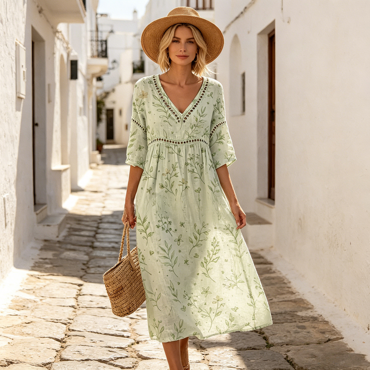 👗【S-3XL】Vestido largo de algodón y lino con estampado floral, estilo veraniego, escote en V