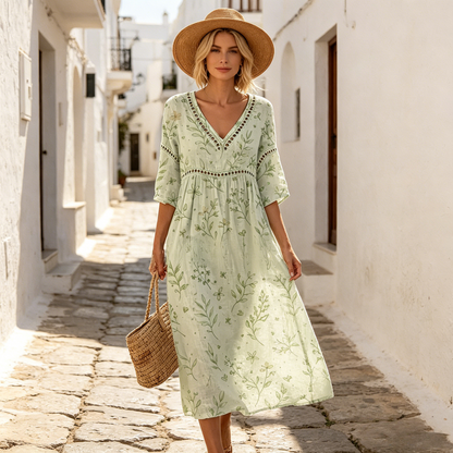 👗【S-3XL】Vestido largo de algodón y lino con estampado floral, estilo veraniego, escote en V