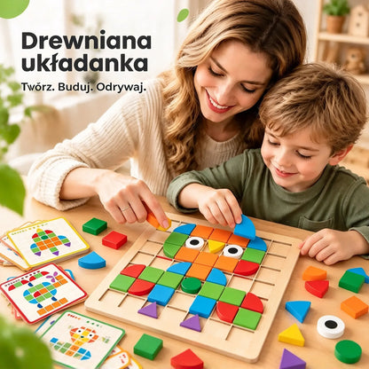 🧩 Drewniane puzzle dla dzieci, edukacyjna zabawka 3D, 120 elementów z kartami wzorów – ćwiczy logiczne myślenie i rozpoznawanie kształtów 🎨