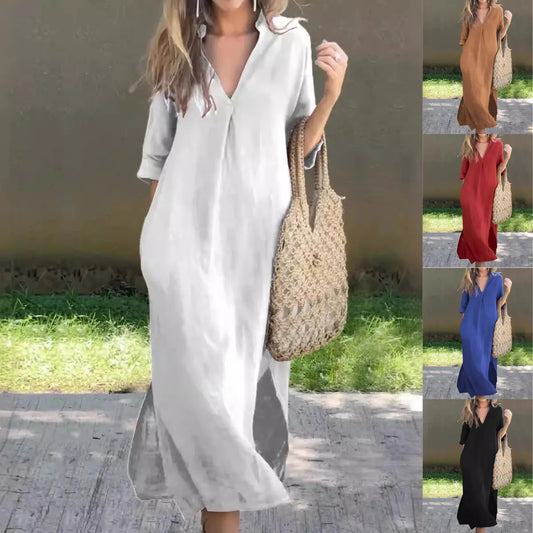 💃💋【50% zniżki 🔥】【S–3XL】Długa lniana spódnica z dekoltem w serek i rozcięciem, wygodna i lekka, idealna na lato-4262267