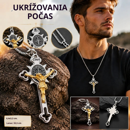 Prívesok s krížom v vintage štýle - Prívesok svätého Benedikta odolný voči zašpineniu s nastaviteľnou retiazkou
