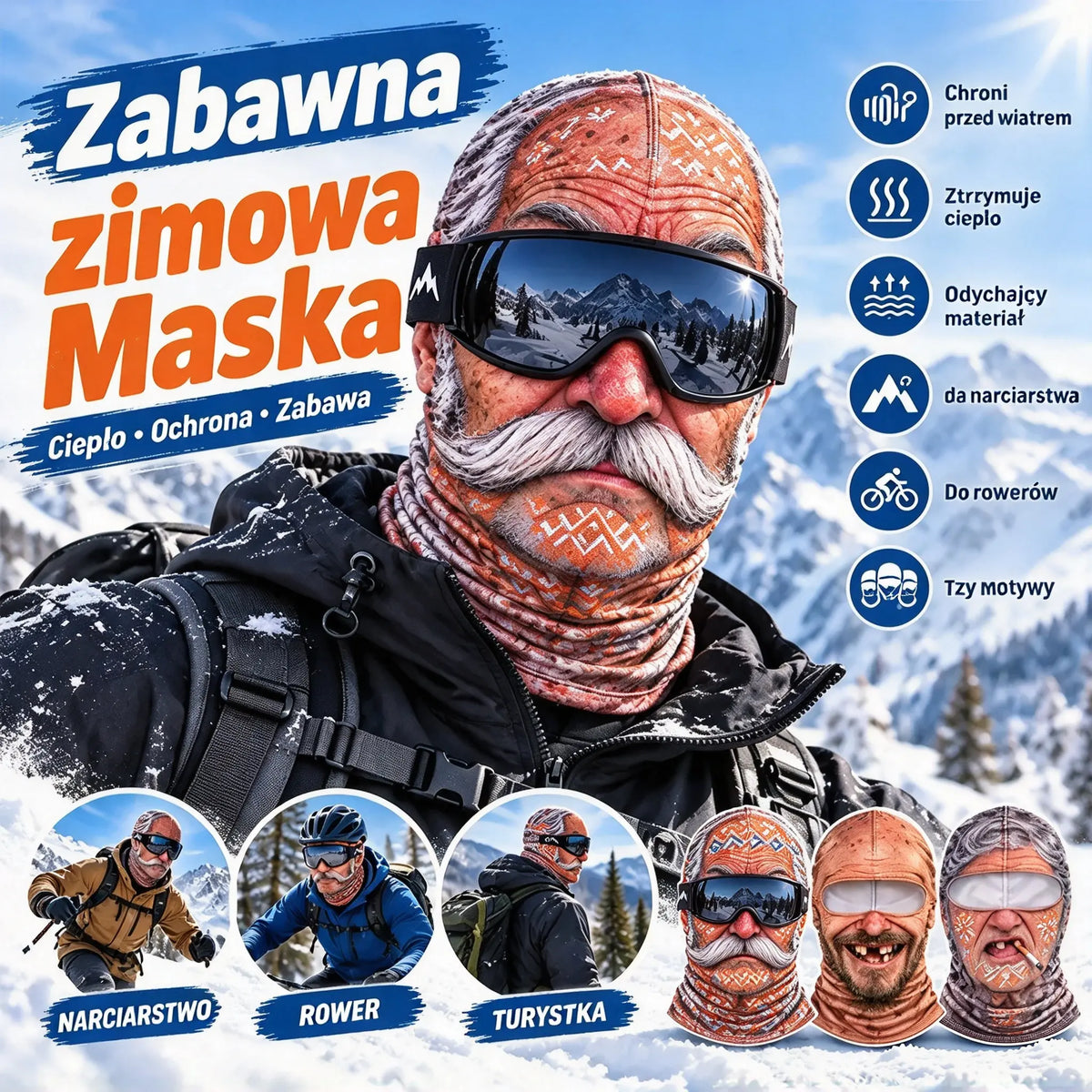 😎3D zabawna i ciepła maska na twarz do zimowych sportów na zewnątrz