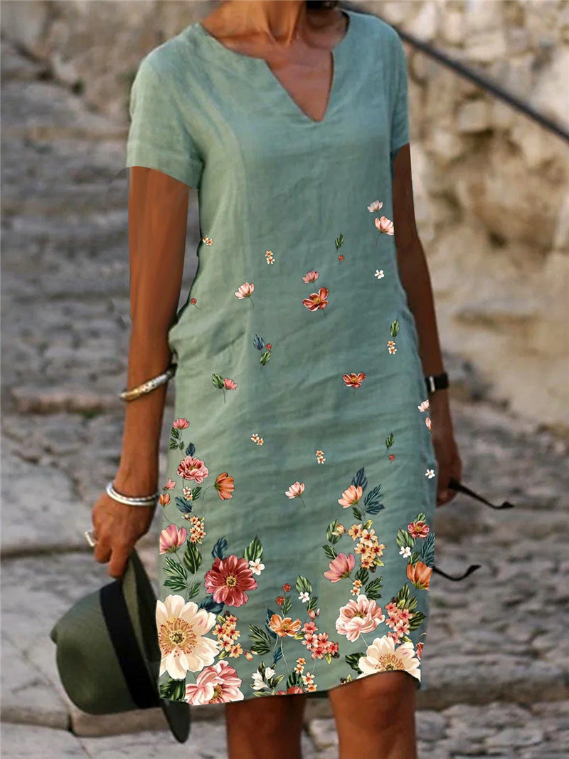 [Reducere 50%] [S-3XL] 🌺🦋2025 Rochie cu mânecă scurtă, decolteu în V, imprimeu floral și fluturi