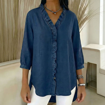 【S-3XL】Ženska ležerna traper košulja s V-izrezom i volanima