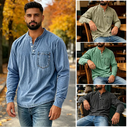 👔🔥【40-120 kg】Camisa vaquera para hombre de manga larga, cuello en V y bolsillo ✅️Pago contra entrega