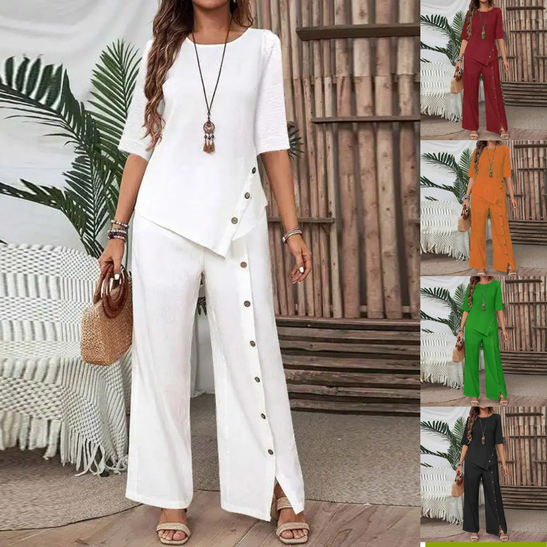 💐【S-5XL】Novi ženski dvodijelni set s nepravilnim rubom, elegantne, moderne, ležerne hlače na kopčanje, širokog kroja.