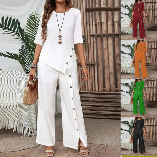 💐【S-5XL】Novi ženski dvodijelni set s nepravilnim rubom, elegantne, moderne, ležerne hlače na kopčanje, širokog kroja.