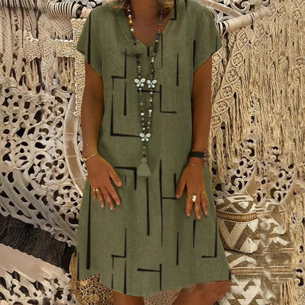 【🏆50% de descuento】 👗【S-5XL】Vestido de algodón estampado con cuello en V