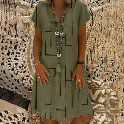【🏆50% de descuento】 👗【S-5XL】Vestido de algodón estampado con cuello en V