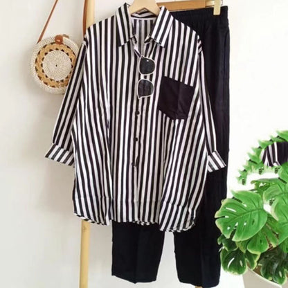 🌸【S-5XL】Nueva conjunto de primavera a rayas, conjunto de dos piezas con mangas largas y pantalones.