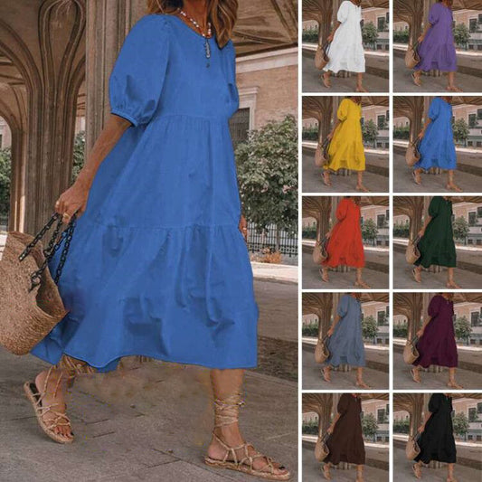 💙【S-5XL】Vestido de verano de mujer estilo bohemio, vestido vintage de cuello redondo en diferentes colores