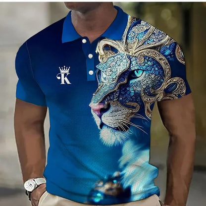 【S-6XL】Męska koszulka polo z nadrukiem 3D z lwem